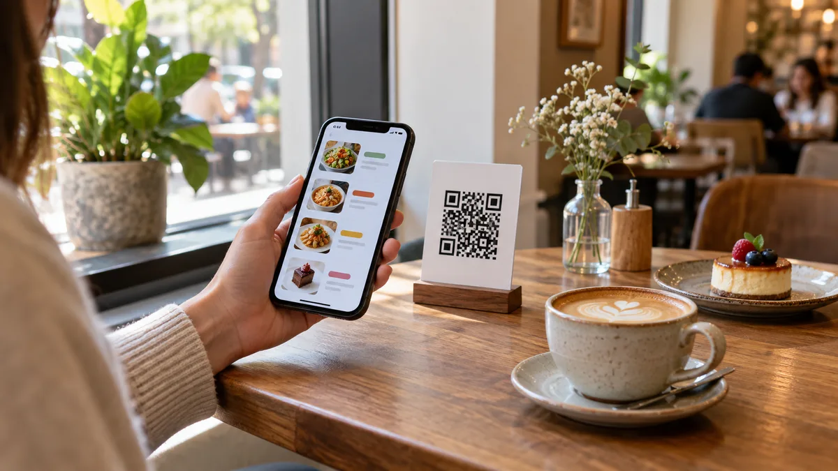 Гость кафе открывает QR-меню на смартфоне рядом с табличкой с QR-кодом